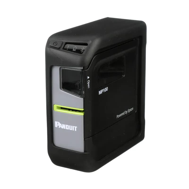 Panduit MP100/E - The MP100/E Mobile Printer prints continuous labels and features an automatic cutter. The ultimate in flexibility with USB, Bluetooth, and mobile app connectivity. The compact size and protective bumper make this printer perfect for the plant floor or job site. Includes MP100 Printer, T100X000VPM-BK Continuous Tape Cassette, USB Cable, Impact Bumper, Power Adapter (MP100-AC) for use in EMEA. For use with MP label cassettes. 2.13" x 5.75" (54 mm x 146 mm). Color Black and Gray. 1 package.