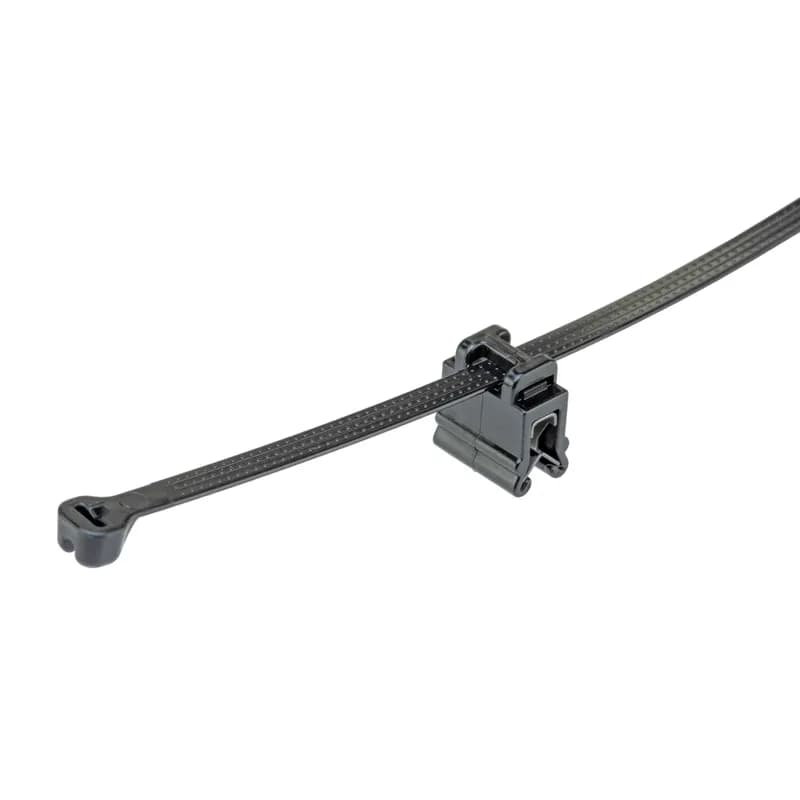 The CMEA12-B2S-D300 Edge Clip with Cable Tie Mounts helps secure wire and cable bundles with versatile mounting to edges without adhesives or drilling. Pre-assembled with a barb cable tie for securing and routing cables parallel and offset to a 0.7mm to 3mm edge. Ideal for a range of applications such as automobiles, trains, heavy equipment, and trucks. Color Black.