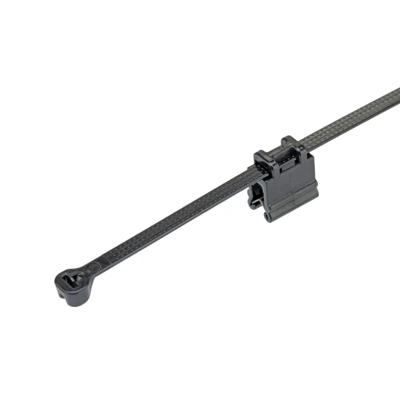 The CMEB12-B2S-D300 Edge Clip with Cable Tie Mounts helps secure wire and cable bundles with versatile mounting to edges without adhesives or drilling. Pre-assembled with a barb cable tie for securing and routing cables perpendicular and offset to a 0.7mm to 3mm edge. Ideal for a range of applications such as automobiles, trains, heavy equipment, and trucks. Color Black.