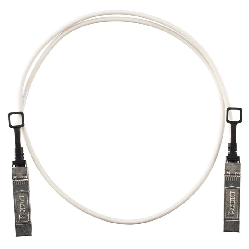 This direct attach passive copper cable assembly features 25G factory-terminated SFP28 passive modular connectors on each end. The high-speed, 2-pair assembly has twinaxial cable, is white in cable color, 30AWG and 2.5 meters in length.