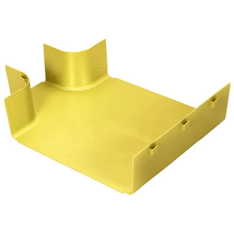 The FiberRunner 12x4 Horizontal Tee creates a 90 horizontal branch with a 4x4 exit from a straight horizontal run. The horizontal tee provides versatility due to multiple spillout options that include spill-over fittings and the vertical tee which accepts a three-sided trumpet, transition to corrugated tubing and the FiberRunner System.