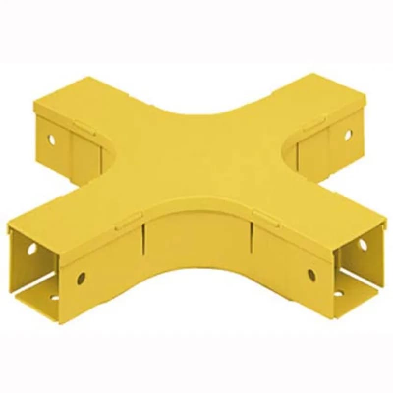 The FiberRunner 2x2 4-Way Cross Fitting attaches to 2x2 channels and/or fittings to create a horizontal 4-way cross intersection with two 2x2 exits.