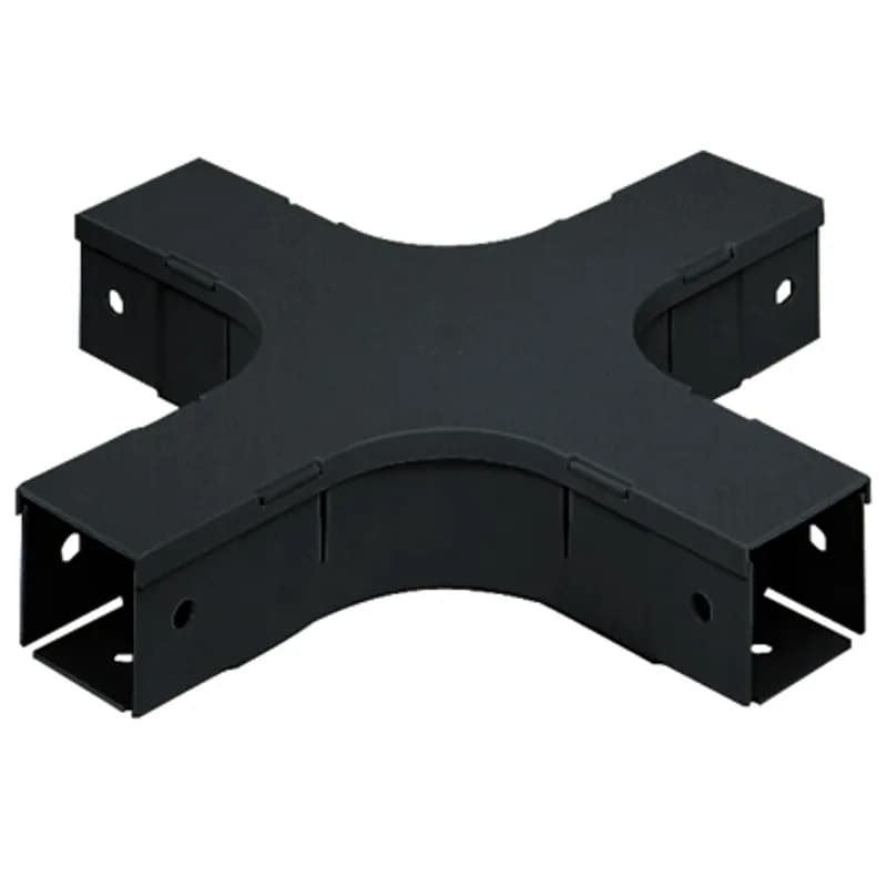 The FiberRunner 2x2 4-Way Cross Fitting attaches to 2x2 channels and/or fittings to create a horizontal 4-way cross intersection with two 2x2 exits.
