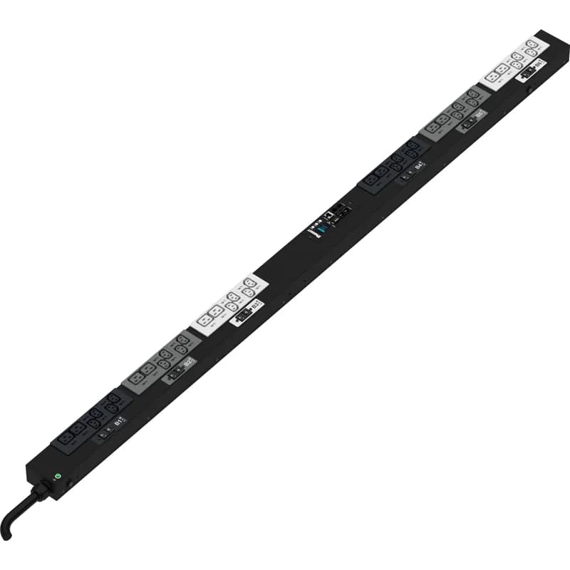 This Panduit G5 Monitored Per Outlet PDU features (30) C13 and (6) C19 outlets. It is a 30 amp, 415 V, three phase PDU with an IEC 60309 3P+N+E 6h 30A (IP44) input plug and a 10 foot (3m) power cord.