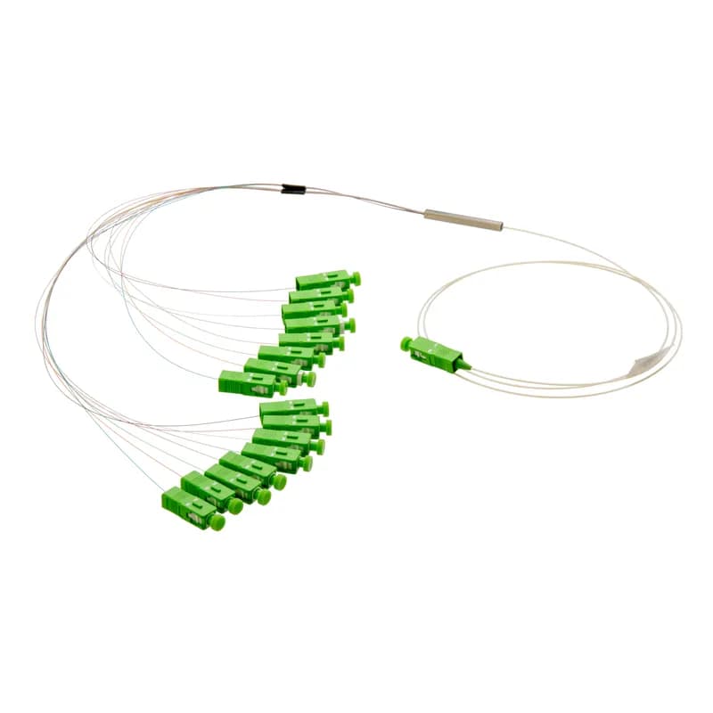 The in-line, connectorized fiber optic splitter is a small form factor passive device that fits in FPONE enclosures and uses a planar lightwave circuit to split one signal to sixteen signals for passive optical network applications. The splitter includes one SC-APC input on one side and thirty-two SC-APC outputs on the opposite side.