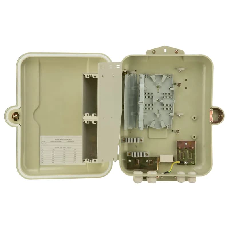 The wall mount enclosure is intended for use in passive optical LAN deployments. The small box is 420W x 350H x 110D mm in size, is IP55 rated, can use 2 x FPONEAP12 faceplates for 12 FASSCZAG-L adapters each, and has management for splice protection sleeves.