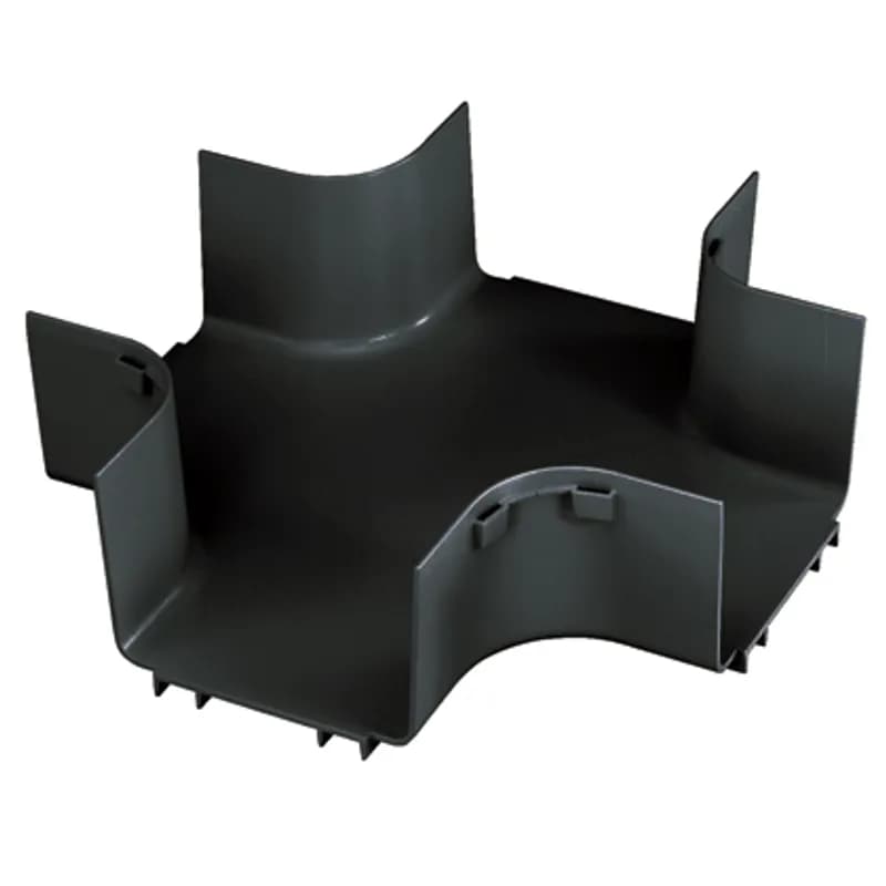 The FiberRunner 6x4 4-Way Cross Fitting attaches to 6x4 channels and/or fittings to create a horizontal 4-way cross intersection with two 6x4 exits.