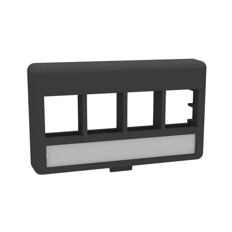 The NetKey Modular Furniture Faceplate accepts four keystone modules. The faceplate mounts to a standard office furniture opening. The faceplate includes label and cover, and is black.
