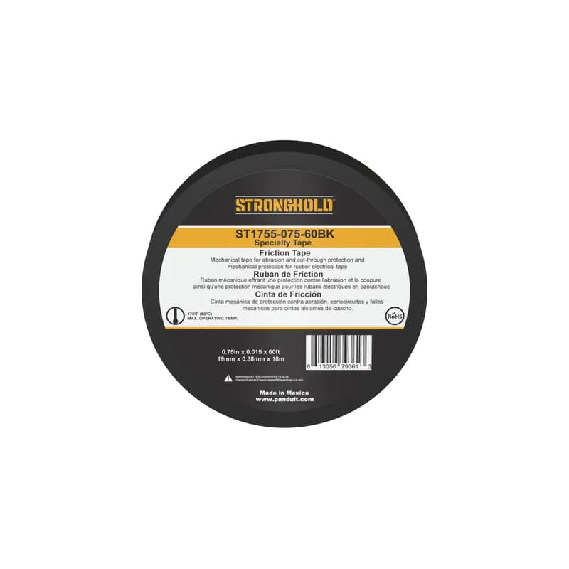 Panduit ST1755-075-60BK - StrongHold ST1755-075-60BK Friction Tape is a mechanical tape for abrasion and cut-through protection and mechanical protection for rubber electrical tape. Both sides of the tape are coated with a high-quality cotton fabric and have a black rubber adhesive compound. Is x 60 in size and comes in 1 roll per package, and 100 rolls per case.