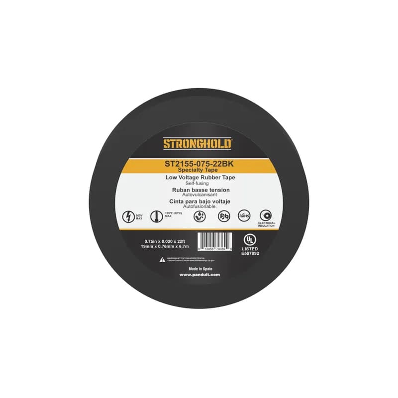 Panduit ST2155-075-22BK - StrongHold ST2155-075-22BK High Voltage Tape is made of ethylene propylene rubber (ERP) and is self -amalgamting. Designed for high voltage insulating and jacketing splices through 69kV. For indoor and outdoor usage, UV resistant and excellent moisture, corrosion, and chemical resistance. Is x 22 in size and comes in 1 roll per package, and 100 rolls per case.