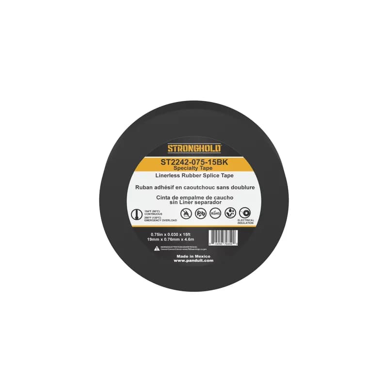 Panduit ST2242-075-15BK - StrongHold ST2242-075-15BK Rubber Splice Tape easily conforms to irregular shapes and surfaces providing an electrically stable build-up. It is self-amalgamating and good for low voltage insulation of no more than 600V. Is 0.75 x 15 in size and comes in 1 roll per package, and 140 rolls per case.