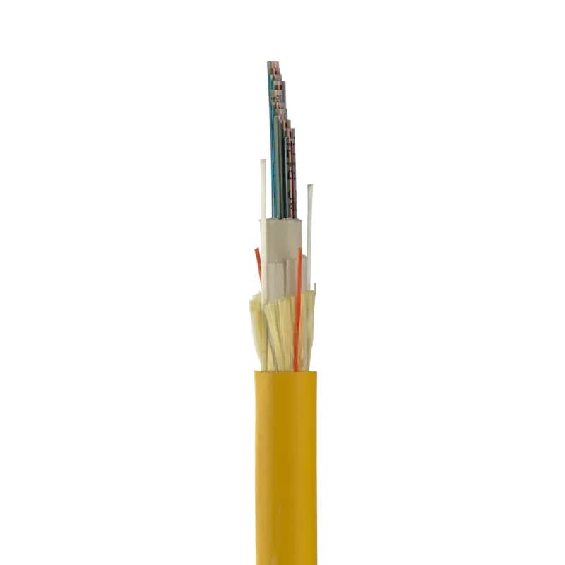 The 144 fiber indoor/outdoor flat ribbon cable is OS2, Riser (OFNR) rated, Low Smoke Zero Halogen (LSZH) rated, CPR rated, and EuroClass B2ca rated (MT)