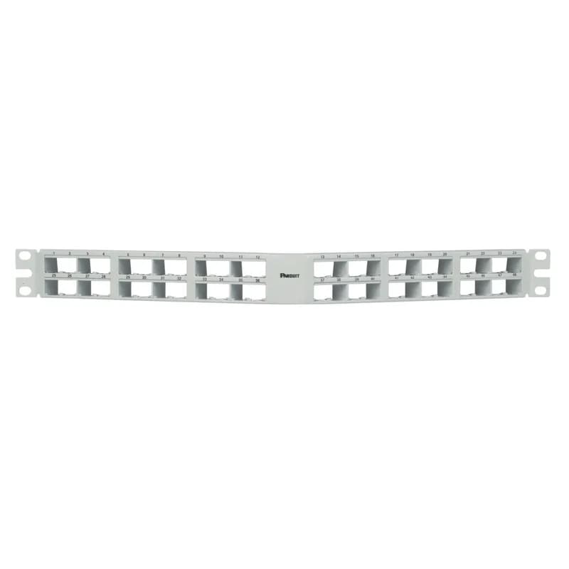 The Mini-Com High Density Shielded Modular Patch Panel accepts up to 48 Mini-Com Shielded Jack Modules in 1 RU. The panel has an angled design and mounts to 19 inch and 23 inch racks and cabinets. It includes a stainless steel stamping with molded faceplates that have a metal bonding strip. The panel is white.