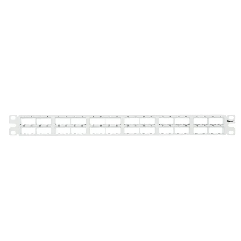 The Mini-Com High Density Shielded Modular Patch Panel accepts up to 48 Mini-Com Shielded Jack Modules in 1 RU. The panel has a flat design and mounts to 19 inch and 23 inch racks and cabinets. It includes a stainless steel stamping with molded faceplates that have a metal bonding strip. The panel is white