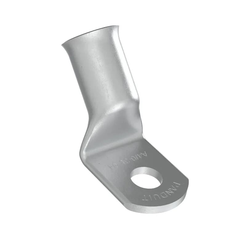 Panduit A4/0-38RH-C - The A4/0-38RH-C Copper Compression Battery Cable Lug, 4/0 AWG, 3/8" Stud with a 45 degree bend are tin plated to meet ASTM Class C specification for corrosion resistance. Manufactured with a standard barrel without an inspection window preventing contaminents from entering. Flared barrel entry for ease of inserting flex conductors. High pullout strength for heavy duty applications and military pullout strength requirements when using Panduit recommended tooling.