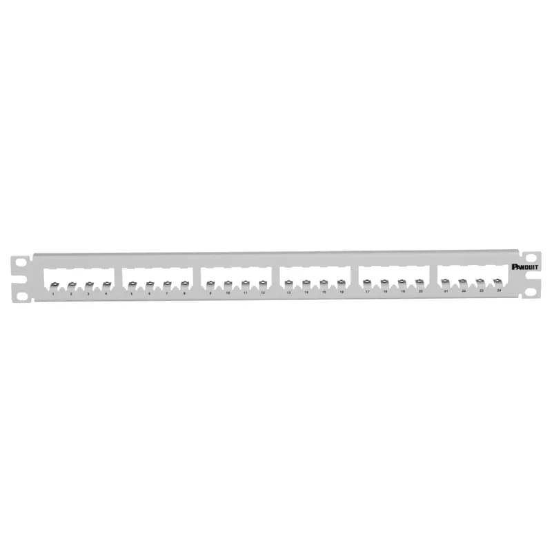 The Mini-Com All Metal Shielded Patch Panel accepts up to 24 Mini-Com Shielded Jack Modules in 1 RU. The panel has a flat design made of stainless steel construction and mounts to 19 inch and 23 inch racks and cabinets. It includes grounding lugs. The patch panel can be identified with adhesive labels, and is white