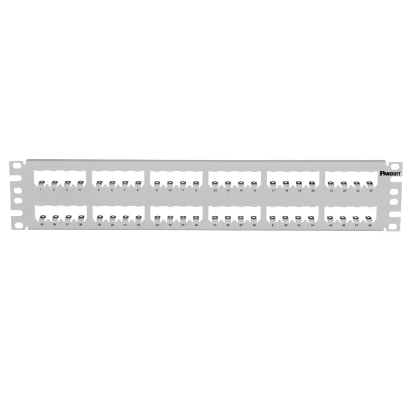 The Mini-Com All Metal Shielded Patch Panel accepts up to 48 Mini-Com Shielded Jack Modules in 2 RU. The panel has a flat design made of stainless steel construction and mounts to 19 inch and 23 inch racks and cabinets. It includes grounding lugs. The patch panel can be identified with adhesive labels, and is white
