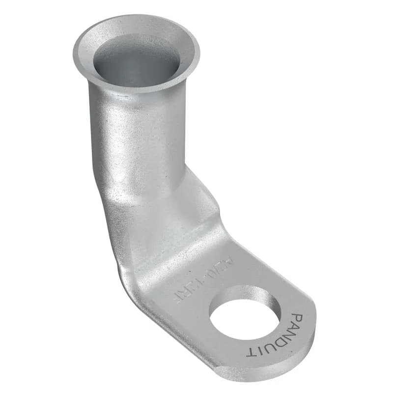 The A2/0-12RF-C Copper Compression Battery Cable Lug, 2/0 AWG, 1/2" Stud with a 90 degree bend are tin plated to meet ASTM Class C specification for corrosion resistance. Manufactured with a standard barrel without an inspection window preventing contaminents from entering. Flared barrel entry for ease of inserting flex conductors. High pullout strength for heavy duty applications and military pullout strength requirements when using Panduit recommended tooling.