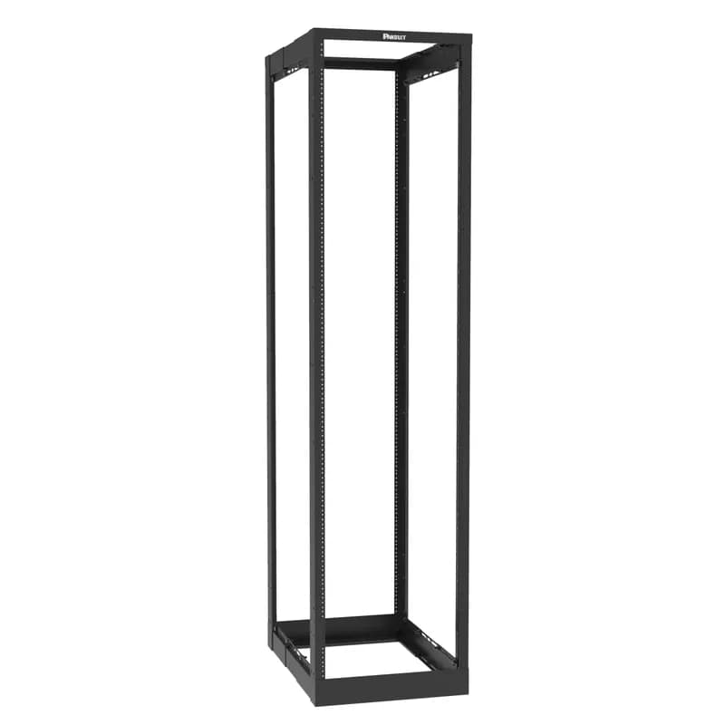 Panduit AR4PCN96 - The Adjustable Depth 4-Post Rack supports equipment mounting depths from 23" to 42" in 0.5" increments to provide greater flexibility with a single part number. The front and rear structural posts of the rack are capable of mounting all Panduit Vertical Cable Managers and various accessories such as power distribution unit brackets, waterfalls and vertical tie-off panels. The rack has square hole, cage nut rails and is 52 RU in height. The rack is black in color.