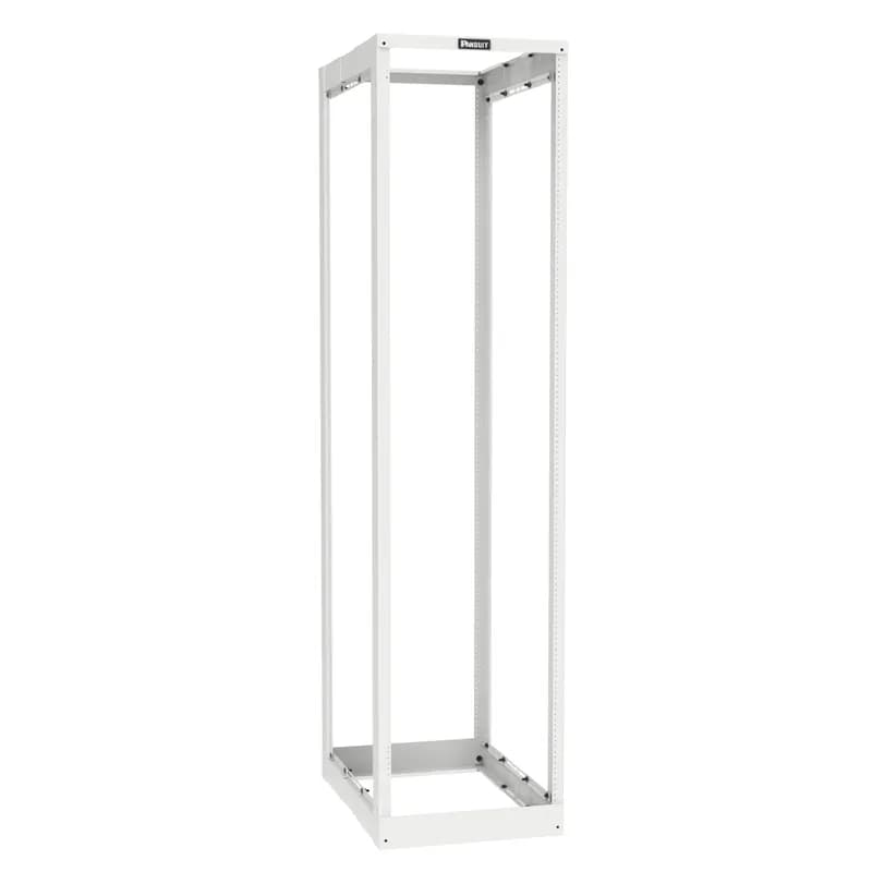 The Adjustable Depth 4-Post Rack supports equipment mounting depths from 23" to 42" in 0.5" increments to provide greater flexibility with a single part number. The front and rear structural posts of the rack are capable of mounting all Panduit Vertical Cable Managers and various accessories such as power distribution unit brackets, waterfalls and vertical tie-off panels. The rack has #12-24 threaded rails and is 45 RU in height. The rack is white in color.