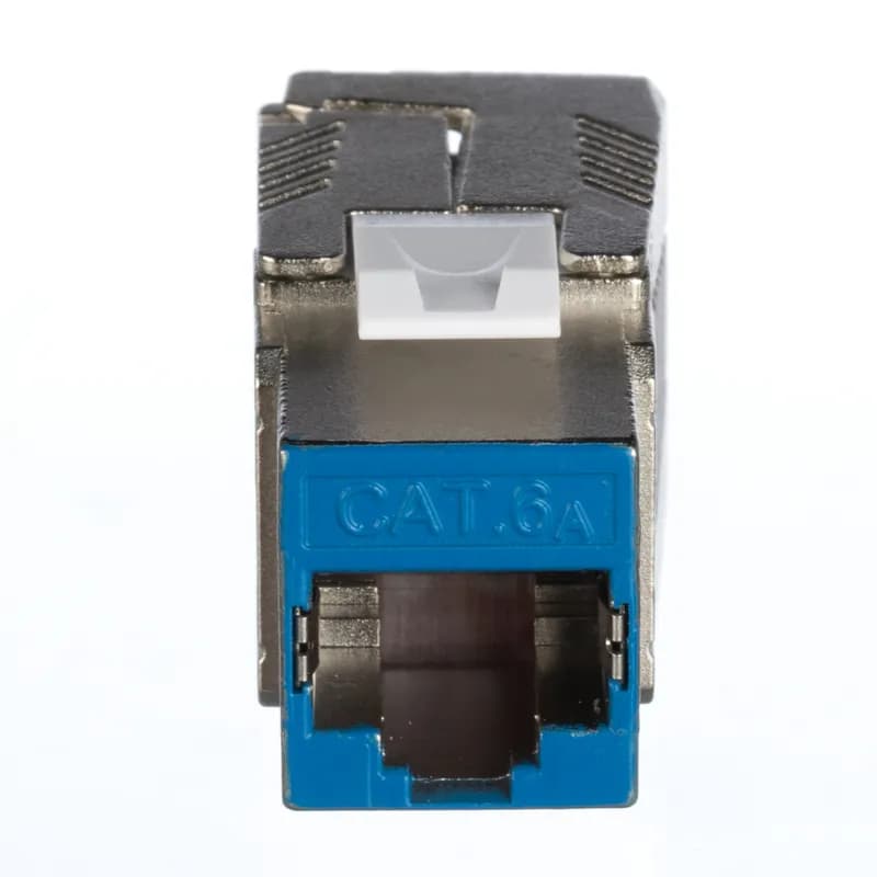 The keystone Cat 6A shielded RJ45 jack module is designed to terminate 4-pair, 22-24 AWG shielded twisted pair cable. Shielded jack modules use a forward motion termination method to optimize performance. The die-cast housing provides a robust design to protect against physical and electromagnetic damage. The jack module is silver with a blue front.