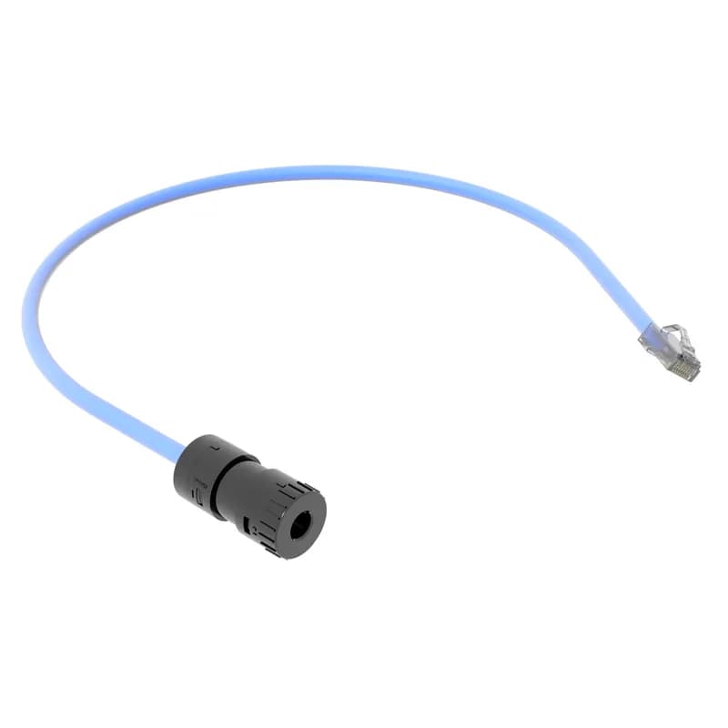 The TX6A Category 6A UTP FieldCord easily connects network devices, especially those with limited space for cords or RJ45 plugs, to network cabling. The FieldCord assembly combines a compact RJ45 plug, a 0.5 meter length of Category 6A UTP Plenum-rated 23AWG cable, and an in-line field-terminable connector for mating to 4-pair 100-ohm UTP twisted pair cabling. Blue cable color.
