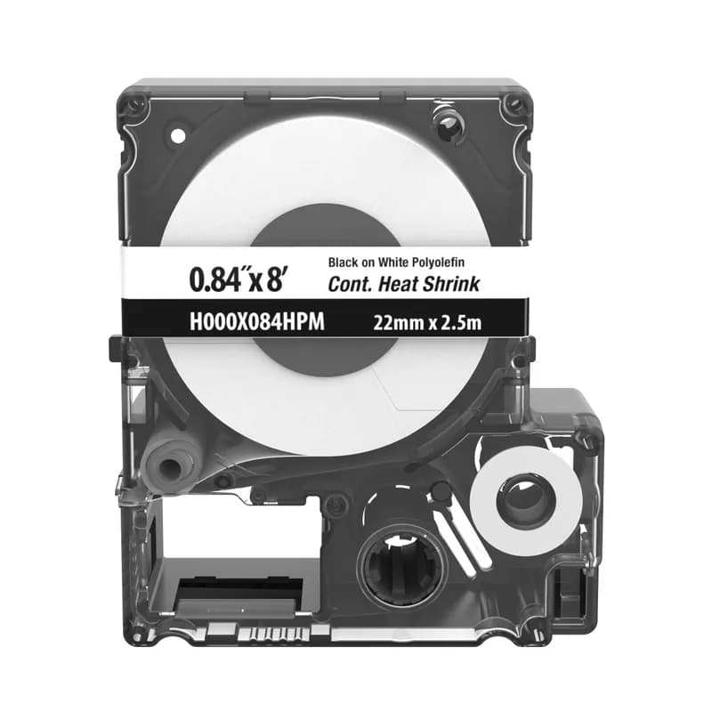 The Portable Printer continuous Heat Shrink Labels in White are made of 2:1. They measure 0.87" (22.5mm) Diameter, 8.2' (2.5 m) Length, and have a wire range of 4 - 1 AWG. The Fast-Loading MP Label Cassette includes both Label Material and Ribbon for Easy Label Changing.