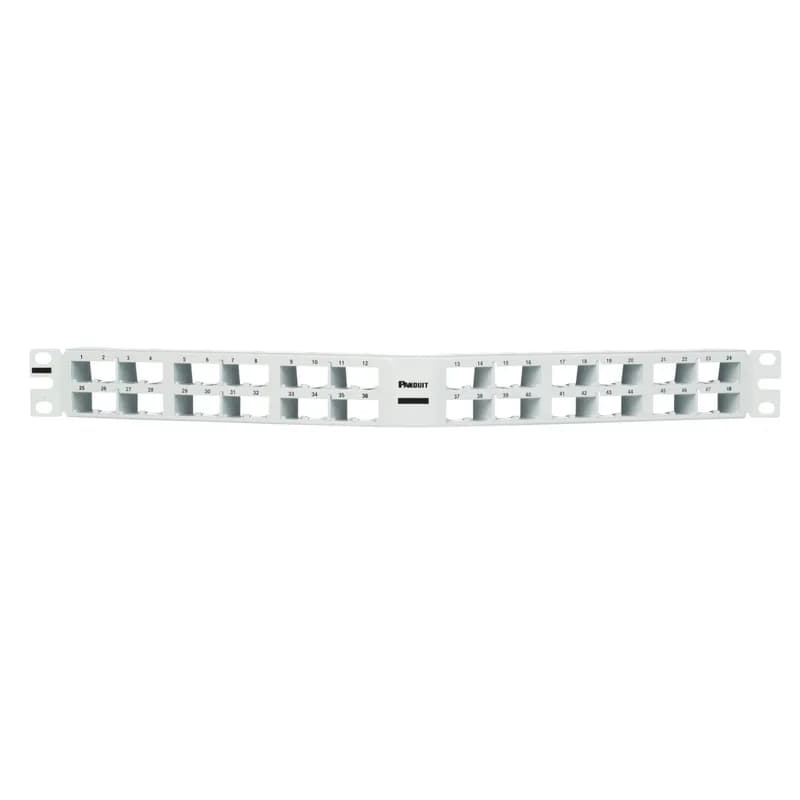 The Mini-Com High Density Angled Modular Patch Panel accepts up to 48 Mini-Com Modules for unshielded applications in 1 RU and mounts to 19 inch and 23 inch racks and cabinets. The patch panel can be identified with adhesive labels and is white.