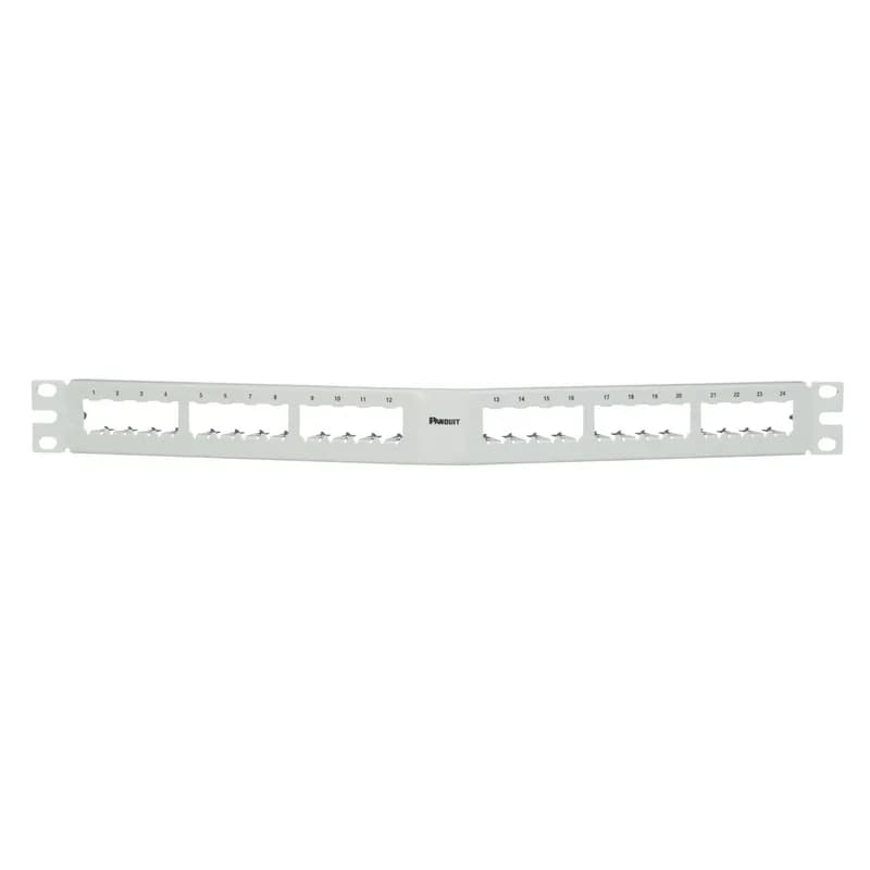 The Mini-Com All Metal Shielded Patch Panel accepts up to 24 Mini-Com Shielded Jack Modules in 1 RU. The panel has an angled design made of stainless steel construction and mounts to 19 inch and 23 inch racks and cabinets. It includes grounding lugs. The patch panel can be identified with adhesive labels, and is white.