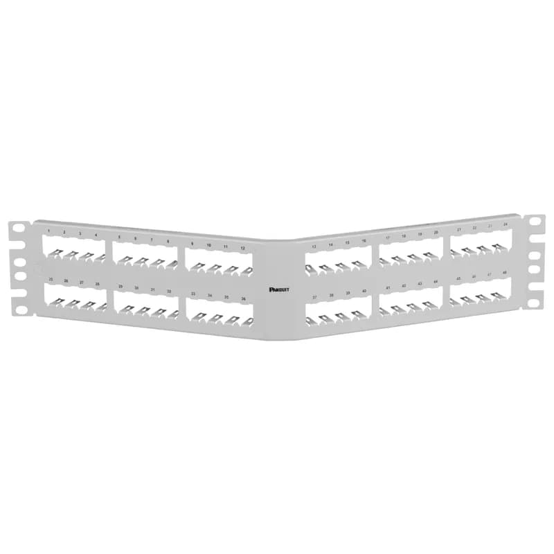 The Mini-Com All Metal Shielded Patch Panel accepts up to 48 Mini-Com Shielded Jack Modules in 2 RU. The panel has an angled design made of stainless steel construction and mounts to 19 inch and 23 inch racks and cabinets. It includes grounding lugs. The patch panel can be identified with adhesive labels, and is white