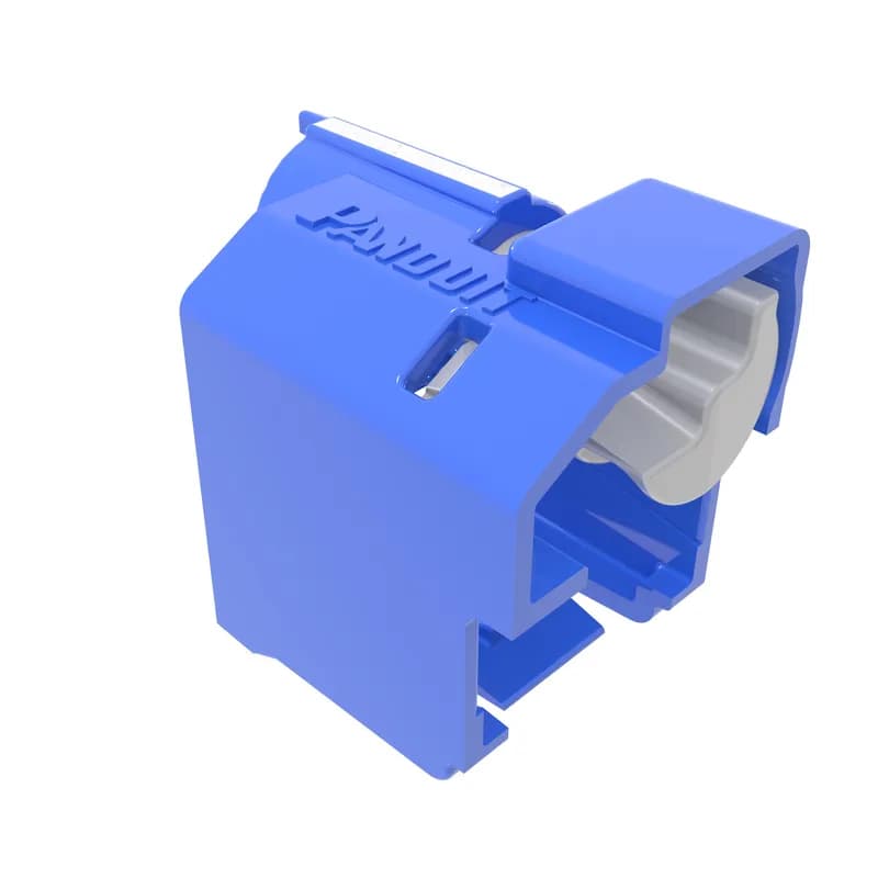 The Lock-In device secures patch cord connections to prevent unauthorized access or accidental removal. Standard device is used when jacks mount flush with the surface. Extended hood protects locking mechanism. Includes 100 blue devices and five removal tools.