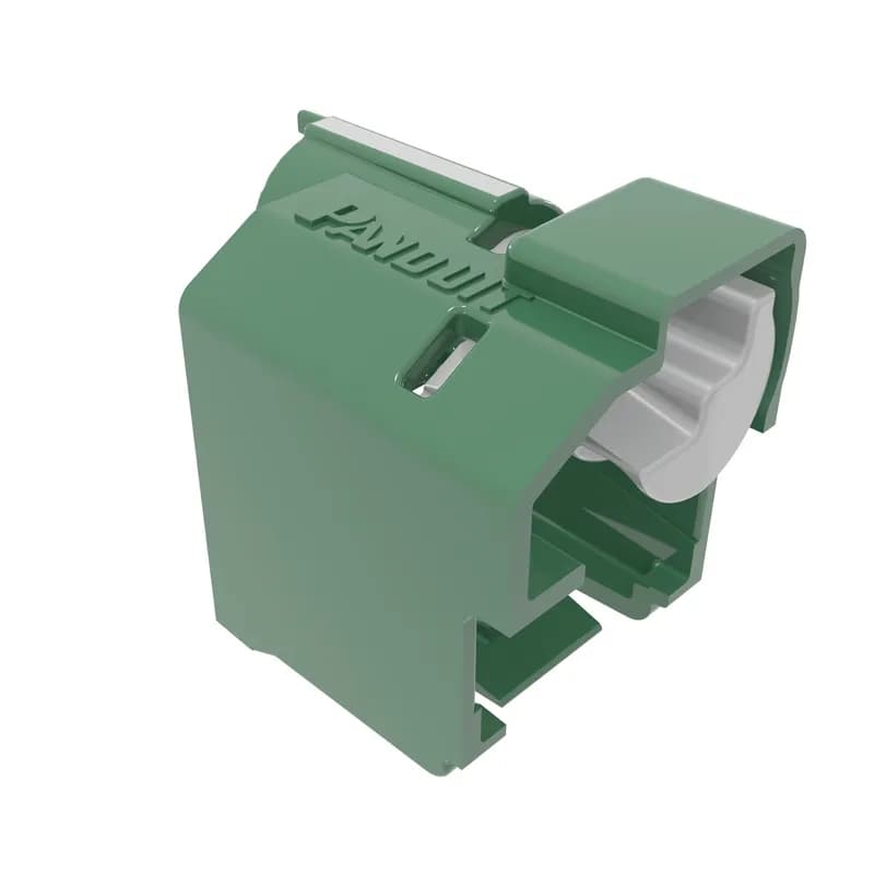 The Lock-In device secures patch cord connections to prevent unauthorized access or accidental removal. Standard device is used when jacks mount flush with the surface. Extended hood protects locking mechanism. Includes 10 green devices and one removal tool.