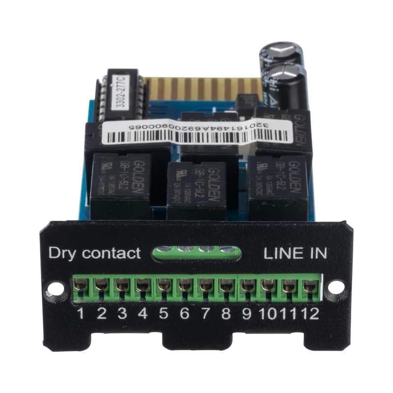 Relay card monitoring UPS switching to battery mode for graceful shutdown/restart of servers.