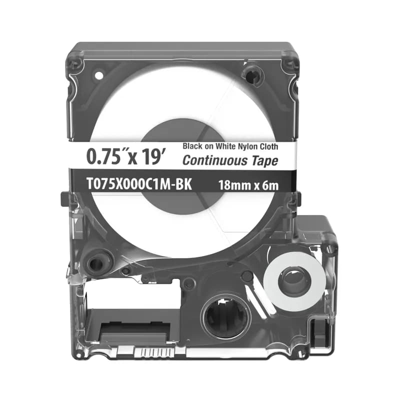 The T075X000C1M-BK Continuous Tape Cassette includes both label material and ribbon for easy changeover. For use with the MP75, MP200 and MP300 Printers. Nylon Cloth. 0.75" x 19' (18 mm x 6 m). Color Black on White. 1 cassette per package.