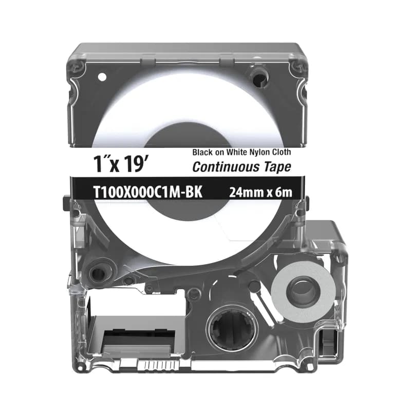 The T100X000C1M-BK Continuous Tape Cassette includes both label material and ribbon for easy changeover. For use with the MP75, MP200 and MP300 Printers. Nylon Cloth. 1" x 19' (24 mm x 6 m). Color Black on White. 1 cassette per package.