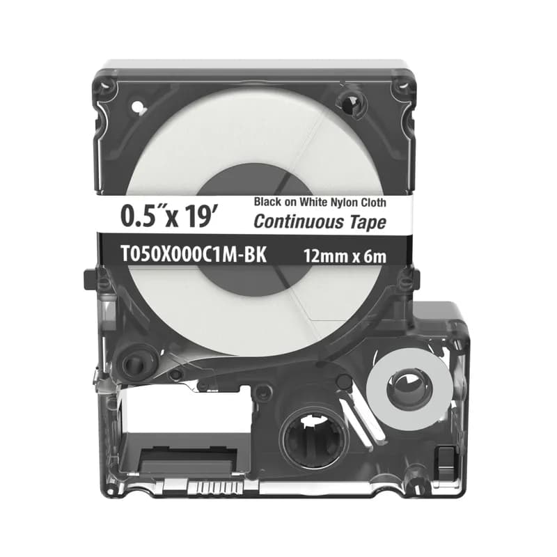 The T050X000C1M-BK Continuous Tape Cassette includes both label material and ribbon for easy changeover. For use with the MP75, MP200 and MP300 Printers. Nylon Cloth. 0.50" x 19' (12 mm x 6 m). Color Black on White. 1 cassette per package.