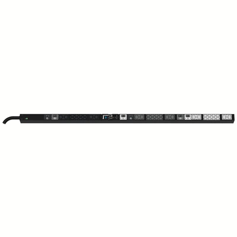 This Panduit G5 Monitored Input PDU features (24) C13 and (12) C19 outlets. It is a 60 amp, 208 V, three phase PDU with an IEC 60309 3P+E 9h 60A (IP44) input plug and a 10 foot (3m) power cord.