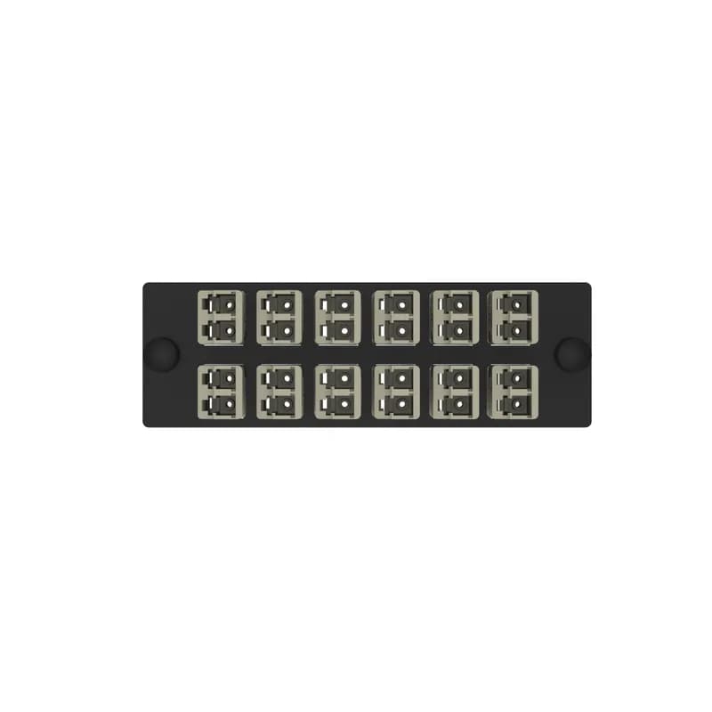 The Opticom LC fiber adapter panel is OM4 and is loaded with 12 LC duplex fiber optic adapters. The fiber optic adapters are Keyed F-Dark Blue and has zirconia split sleeves.