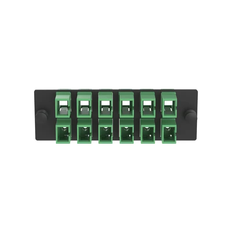 The Opticom LC fiber adapter panel is OS2 and is loaded with 12 LC APC duplex fiber optic adapters. The fiber optic adapters are APC green with zirconia split sleeves.