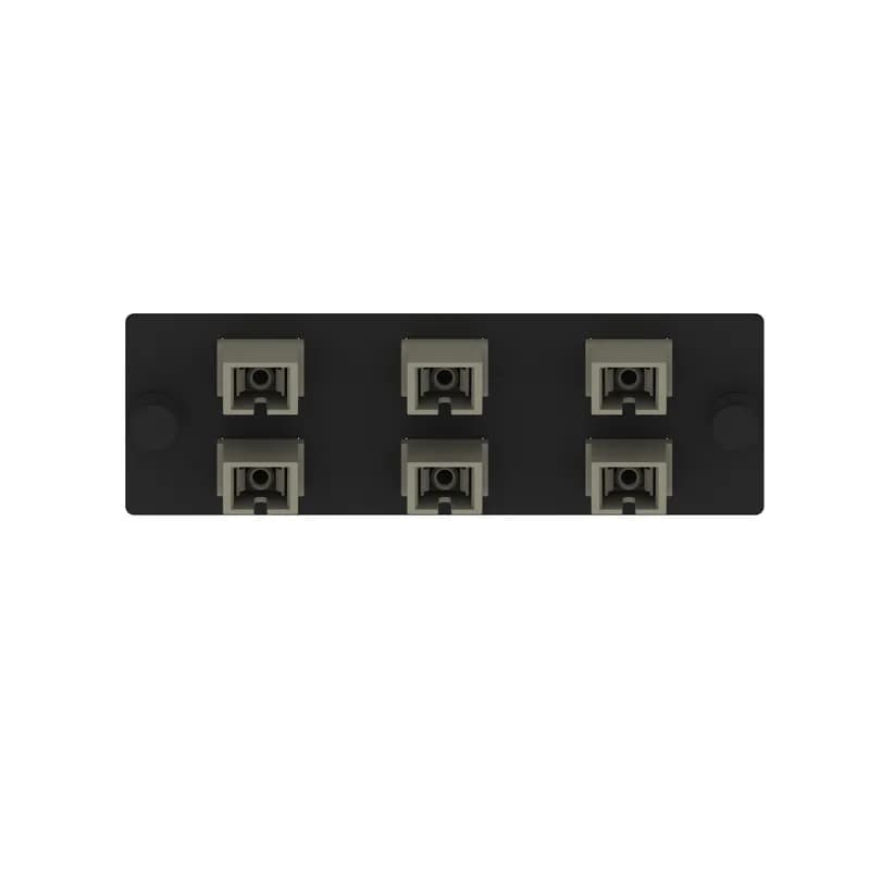 The Opticom SC fiber adapter panel is OM1 and is loaded with 6 SC simplex fiber optic adapters. The fiber optic adapters are electric ivory with zirconia split sleeves.
