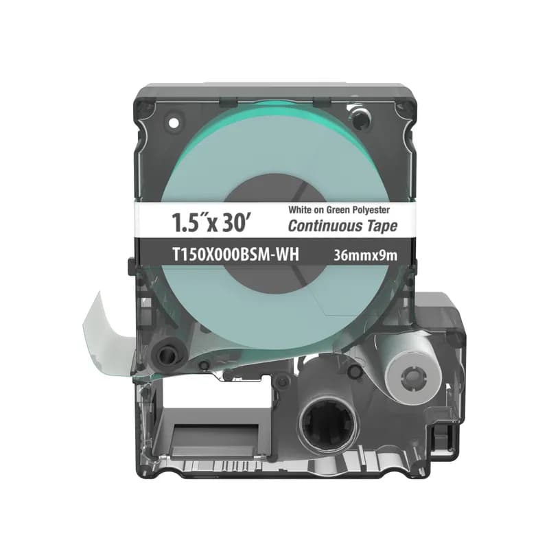 The T150X000BSM-WH Continuous Tape Cassette includes both label material and ribbon for easy changeover. Print custom pipe markers, voltage markers, signs, bin markers, and network identification labels on demand. For flat label applications only. For use with the MP300 printer. Polyester. 1.5" x 30' (36 mm x 9.1 m). Color White on Light Green. 1 cassette per package.