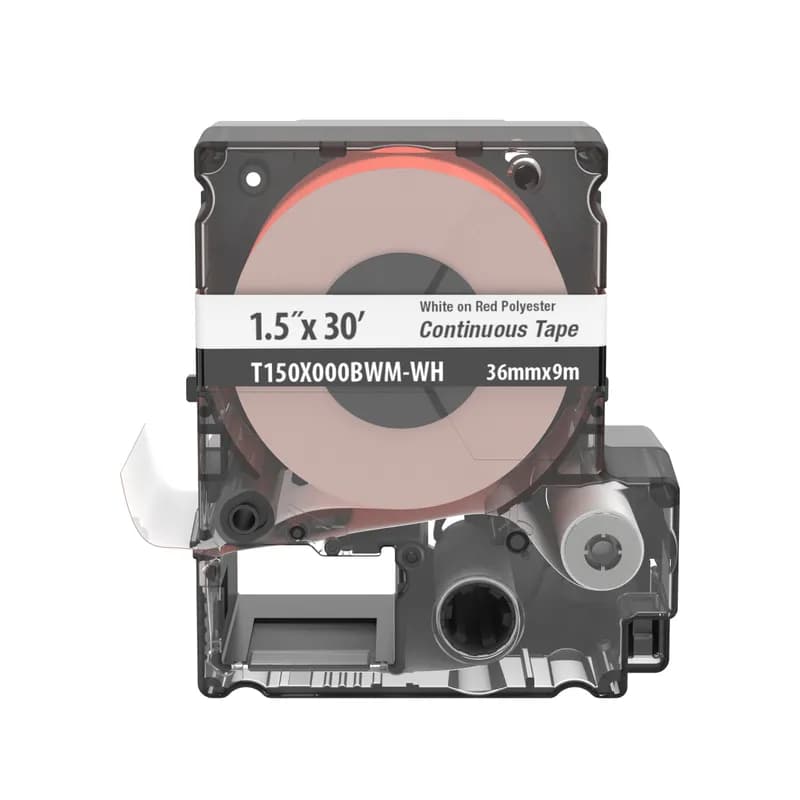 The T150X000BWM-WH Continuous Tape Cassette includes both label material and ribbon for easy changeover. Print custom pipe markers, voltage markers, signs, bin markers, and network identification labels on demand. For flat label applications only. For use with the MP300 printer. Polyester. 1.5" x 30' (36 mm x 9.1 m). Color White on Light Red. 1 cassette per package.