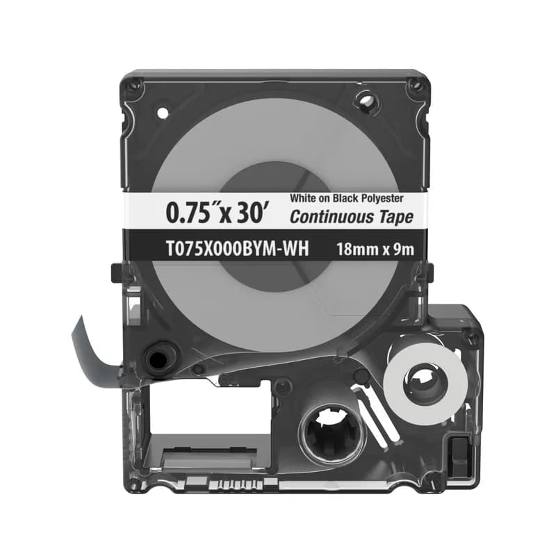 The T075X000BYM-WH Continuous Tape Cassette includes both label material and ribbon for easy changeover. Print custom pipe markers, voltage markers, signs, bin markers, and network identification labels on demand. For flat label applications only. For use with the MP300, MP200, MP100 printers and MP75 printers. Polyester. 0.75" x 30' (18 mm x 9.1 m). Color White on Black. 1 cassette per package.