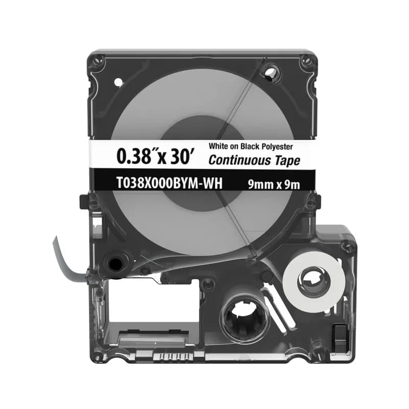 The T038X000BYM-WH Continuous Tape Cassette includes both label material and ribbon for easy changeover. Print custom pipe markers, voltage markers, signs, bin markers, and network identification labels on demand. For flat label applications only. For use with the MP300, MP200, MP100, and MP75 printers. Polyester. 0.38" x 30' (9 mm x 9.1 m). Color White on Black. 1 cassette per package.