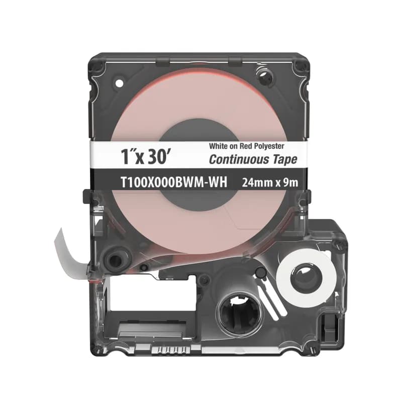The T100X000BWM-WH Continuous Tape Cassette includes both label material and ribbon for easy changeover. Print custom pipe markers, voltage markers, signs, bin markers, and network identification labels on demand. For flat label applications only. For use with the MP300, MP200 and MP100 printers. Polyester. 1.0" x 30' (25.4 mm x 9.1 m). Color White on Light Red. 1 cassette per package.