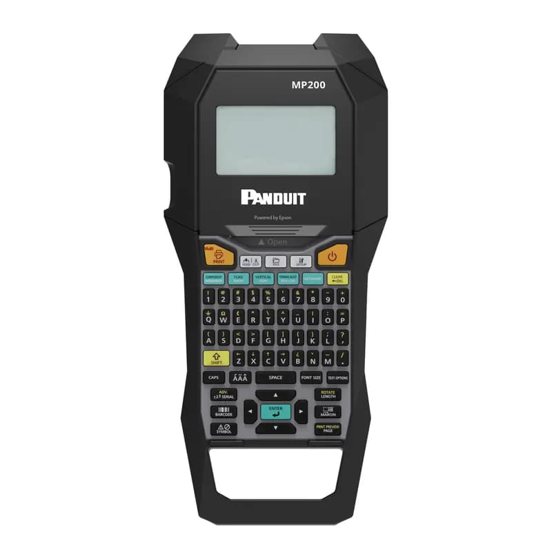 Panduit MP200/E-KIT - The MP200/E-KIT printer is a rugged, high performance, economical industrial printer. It features fast print speeds up to 1.2 in/sec, a powered cutter, large LCD backlit screen, custom label modes, barcodes and symbols. Prints continuous tapes up to 1.0 in. wide for network, electrical and other industrial applications. It comes with the printer, a continuous label cassette, hard carrying case, rechargeable battery pack, magnetic feet, USB cable, and power adapter. For use outside North America.