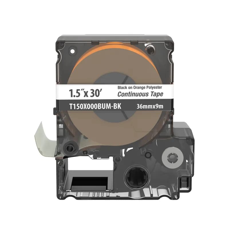 The T150X000BUM-BK Continuous Tape Cassette includes both label material and ribbon for easy changeover. Print custom pipe markers, voltage markers, signs, bin markers, and network identification labels on demand. For flat label applications only. For use with the MP300 printer. Polyester. 1.5" x 30' (36 mm x 9.1 m). Color Black on Orange. 1 cassette per package.