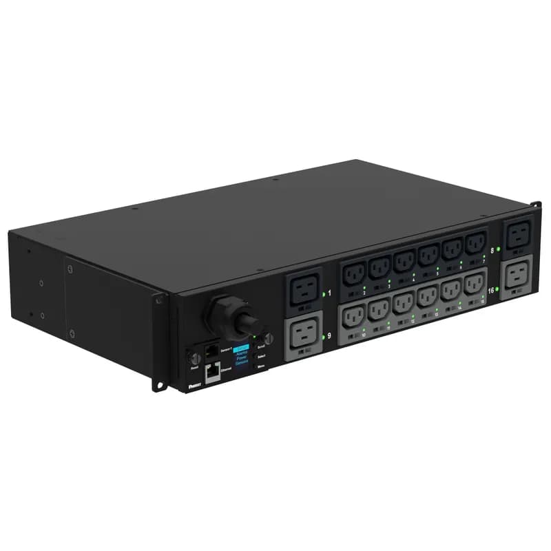 This Panduit G5 Monitored Switched PDU features (12) C13 and (4) C19 outlets. It is a 32 amp, 230 V, single phase PDU with an IEC 60309 2P+E 6h 32A (IP44) input plug and a 10 foot (3m) power cord.