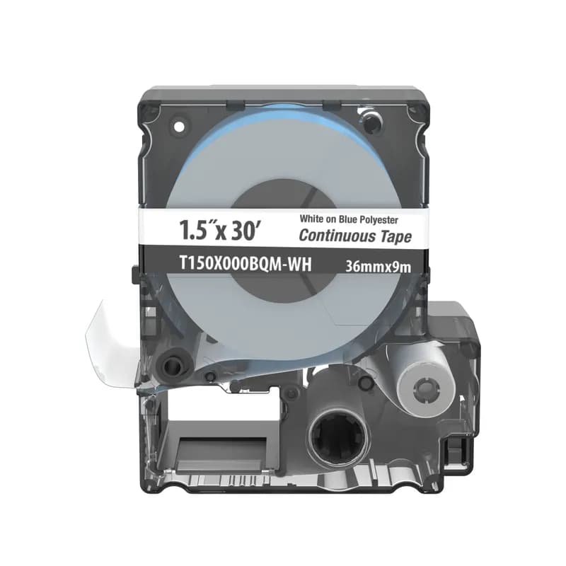 The T150X000BQM-WH Continuous Tape Cassette includes both label material and ribbon for easy changeover. Print custom pipe markers, voltage markers, signs, bin markers, and network identification labels on demand. For flat label applications only. For use with the MP300 printer. Polyester. 1.5" x 30' (36 mm x 9.1 m). Color White on Light Blue. 1 cassette per package.