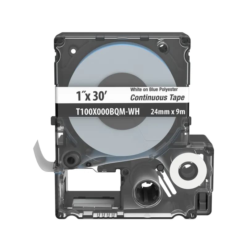 The T100X000BQM-WH Continuous Tape Cassette includes both label material and ribbon for easy changeover. Print custom pipe markers, voltage markers, signs, bin markers, and network identification labels on demand. For flat label applications only. For use with the MP300, MP200, and MP100 printers. Polyester. 1.0" x 30' (25.4 mm x 9.1 m). Color White on Light Blue. 1 cassette per package.
